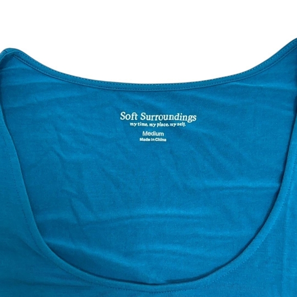 Soft Surroundings Short Sleeve Blouse Size M Green Blue Viscose and Spandex. - Picture 2 of 7